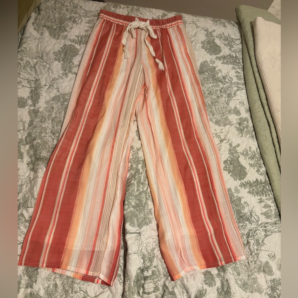 New Directions sz Medium coral pink white Palazzo pants wide leg elastic waist - Picture 3 of 11